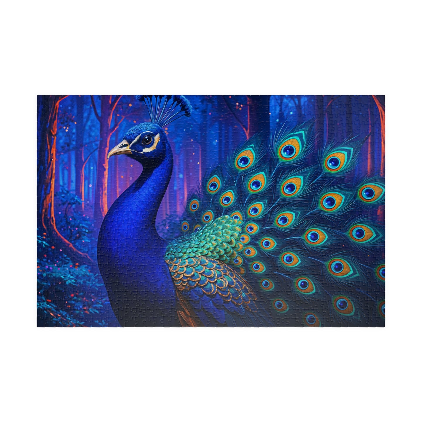 Vibrant Peacock in Futuristic Forest Jigsaw Puzzle Multiple Sizes (110, 252, 520, or 1014)