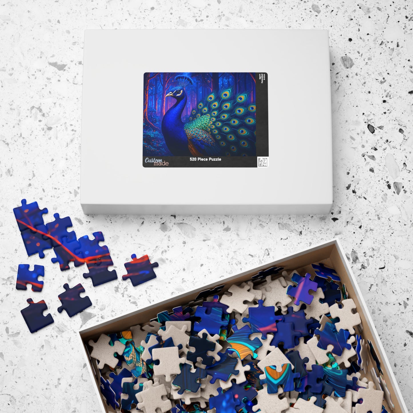 Vibrant Peacock in Futuristic Forest Jigsaw Puzzle Multiple Sizes (110, 252, 520, or 1014)