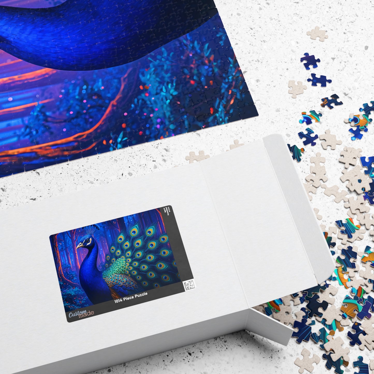 Vibrant Peacock in Futuristic Forest Jigsaw Puzzle Multiple Sizes (110, 252, 520, or 1014)