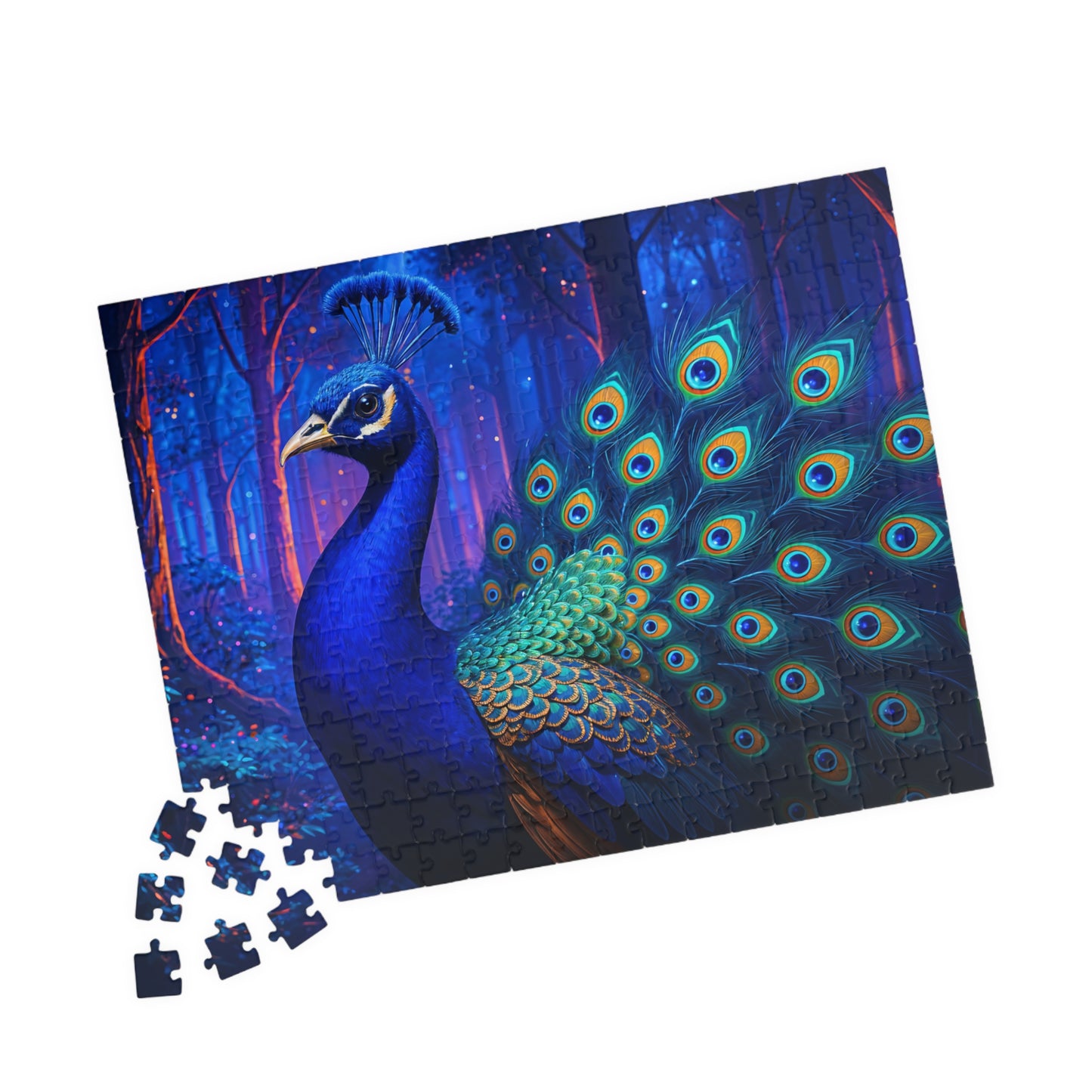 Vibrant Peacock in Futuristic Forest Jigsaw Puzzle Multiple Sizes (110, 252, 520, or 1014)