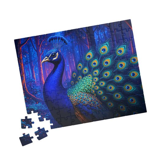 Vibrant Peacock in Futuristic Forest Jigsaw Puzzle Multiple Sizes (110, 252, 520, or 1014)