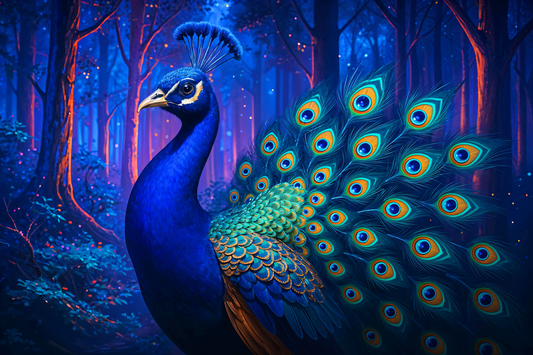 Vibrant Peacock in Futuristic Forest Jigsaw Puzzle Multiple Sizes (110, 252, 520, or 1014)
