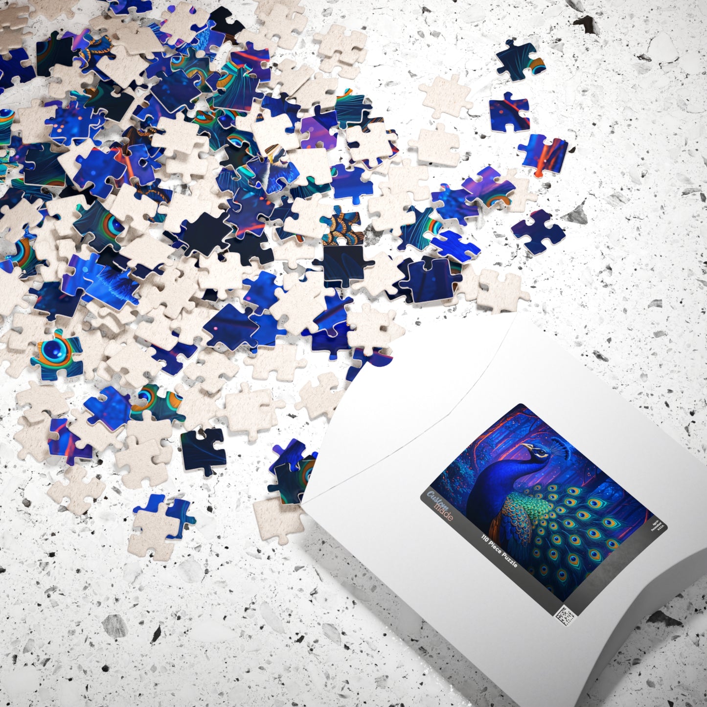 Vibrant Peacock in Futuristic Forest Jigsaw Puzzle Multiple Sizes (110, 252, 520, or 1014)