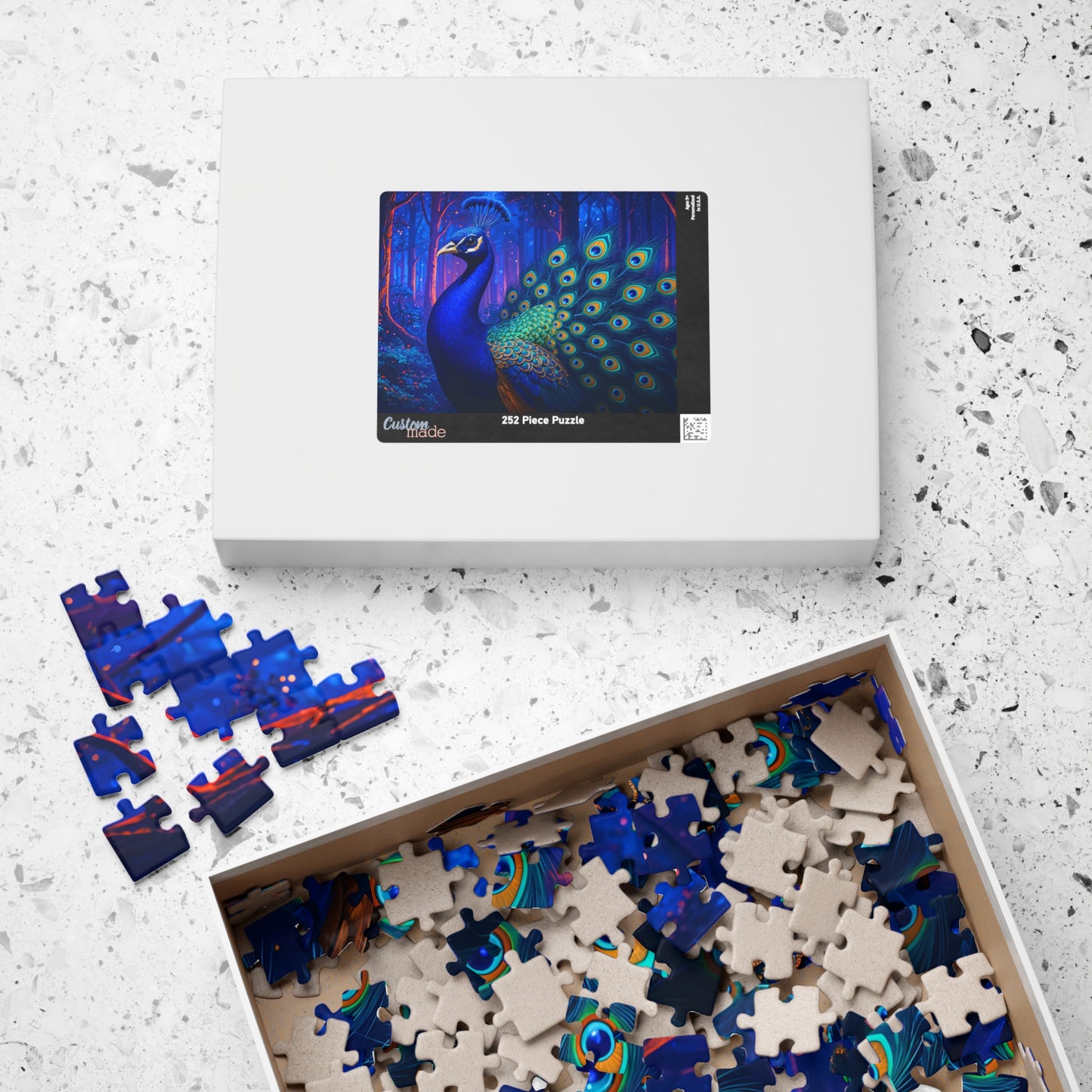 Vibrant Peacock in Futuristic Forest Jigsaw Puzzle Multiple Sizes (110, 252, 520, or 1014)