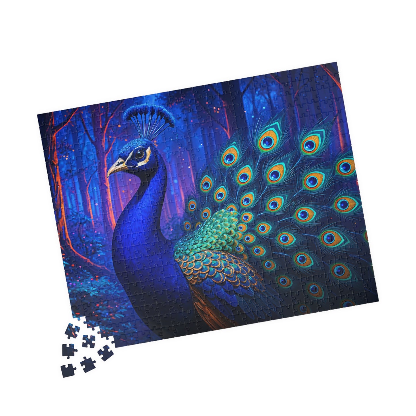 Vibrant Peacock in Futuristic Forest Jigsaw Puzzle Multiple Sizes (110, 252, 520, or 1014)