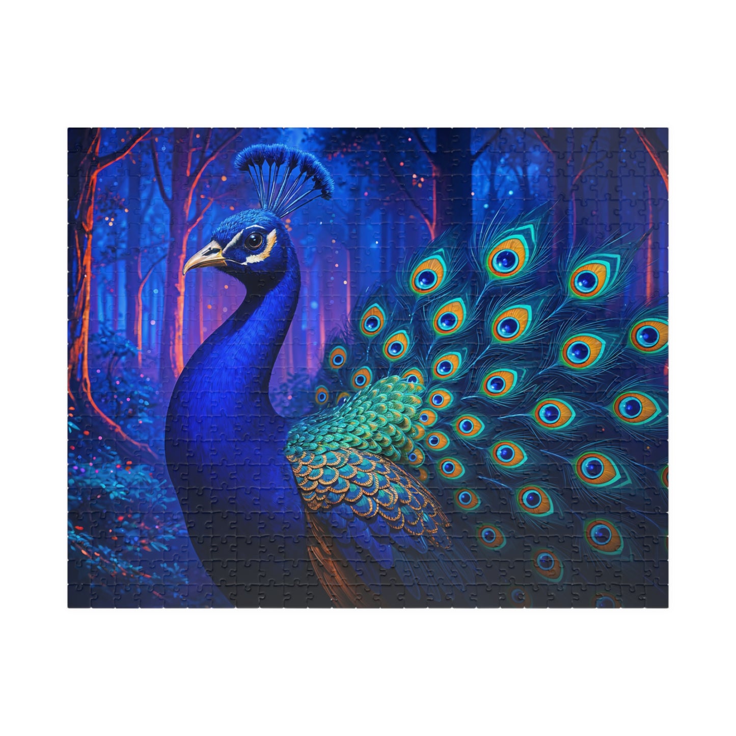 Vibrant Peacock in Futuristic Forest Jigsaw Puzzle Multiple Sizes (110, 252, 520, or 1014)
