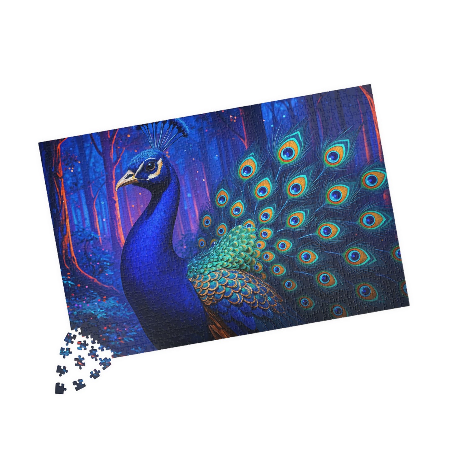 Vibrant Peacock in Futuristic Forest Jigsaw Puzzle Multiple Sizes (110, 252, 520, or 1014)