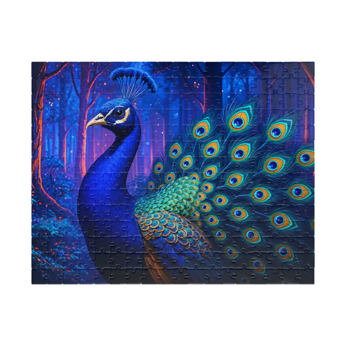 Vibrant Peacock in Futuristic Forest Jigsaw Puzzle Multiple Sizes (110, 252, 520, or 1014)