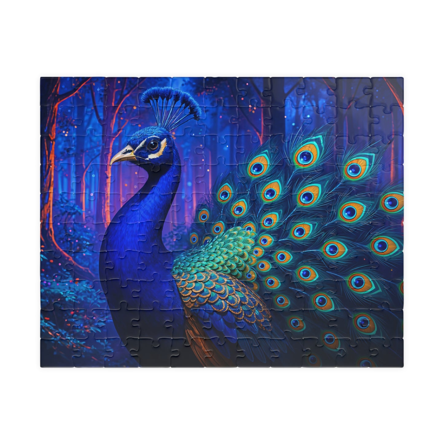 Vibrant Peacock in Futuristic Forest Jigsaw Puzzle Multiple Sizes (110, 252, 520, or 1014)